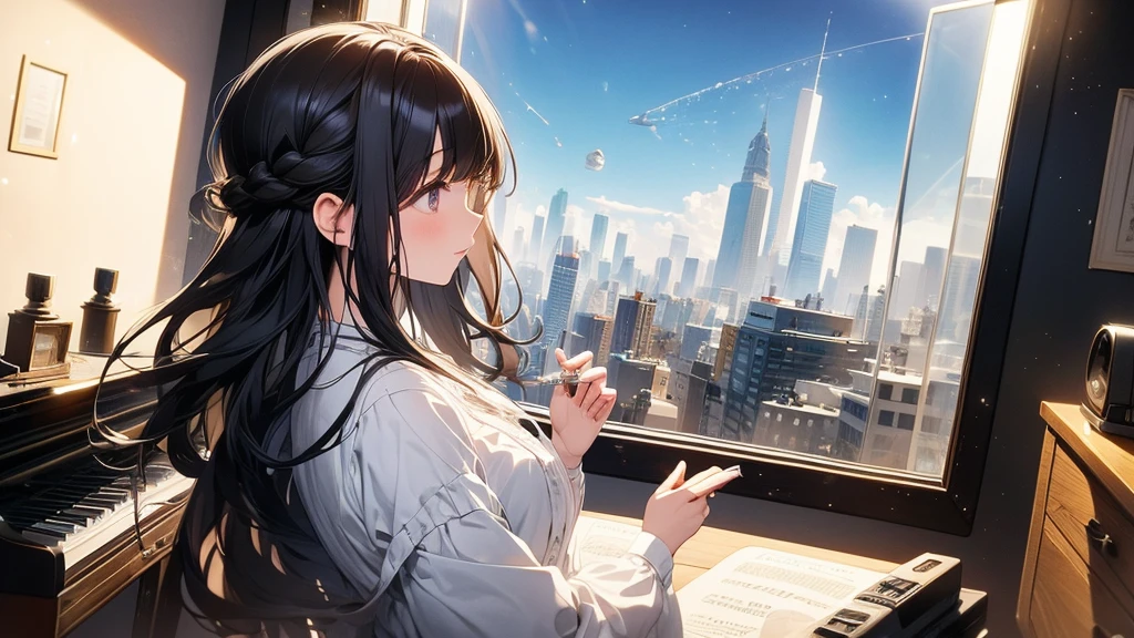 Ultra-high resolution, 8k, (Masterpiece, beautifully、mysterious:1.2), Works by Makoto Xin Haicheng, Lo-fi feel, Perfect human body engineering, 1 female, profile, Impressive eyes, Sparkling Eyes, White ruffled dress, Shiny long black hair, Larger than average bust, Listening to music through headphones, Looking out the window, A room with musical instruments, city view from the window, Impressive cityscape, Bright Sky, meteor, Wide angle, Before dusk