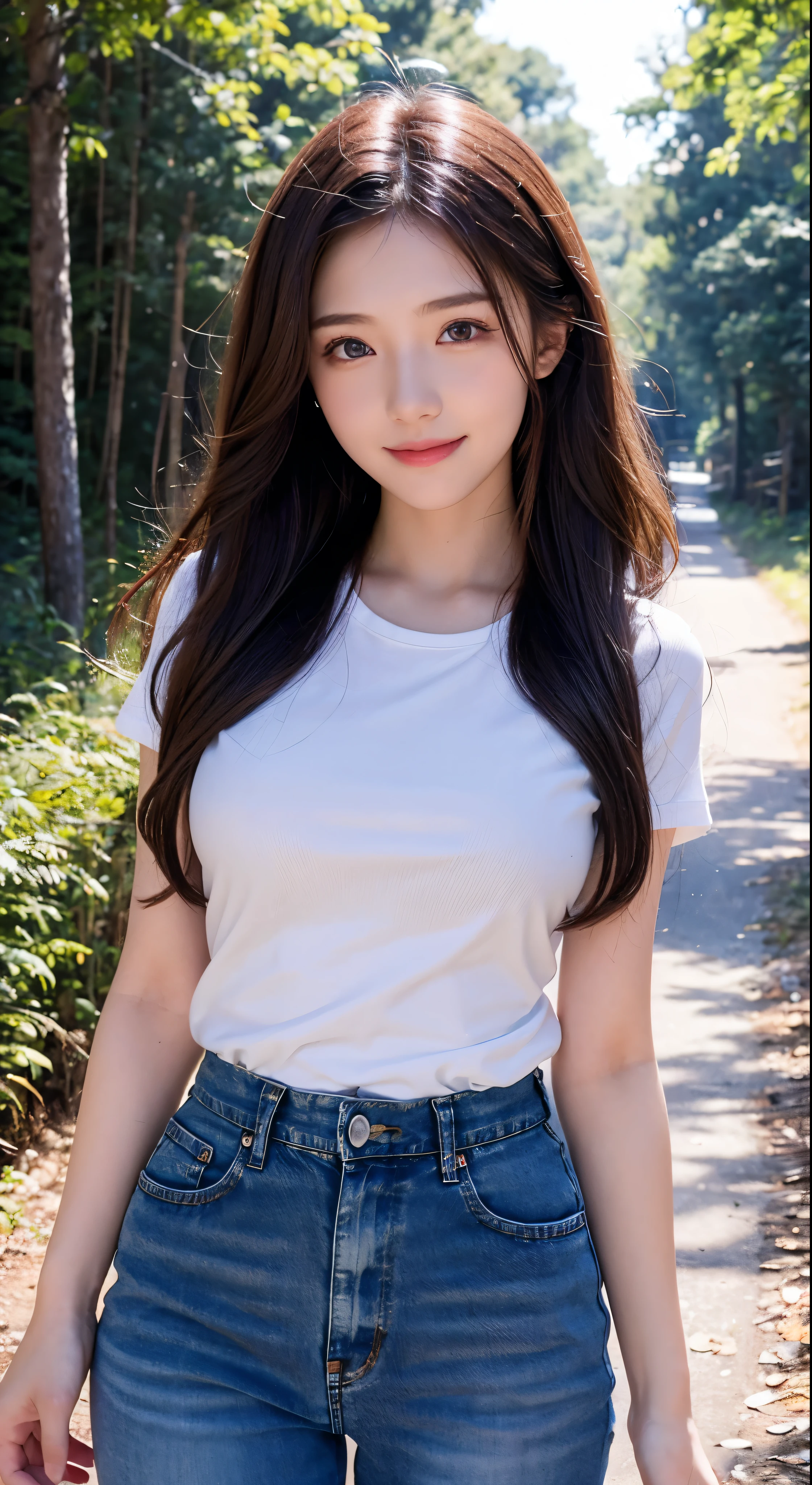 with high definition images，beautiful女の子、18-year-old，face showing、Red T-shirt and denim pants、Long chestnut hair、brown、8k、Professional photos、delicate、clear、in the forest、sun、Light leakage、masterpiece、(beautiful))))、(reality))))、smile、Facial details，Fantasy、Angel、young，Full body high quality images