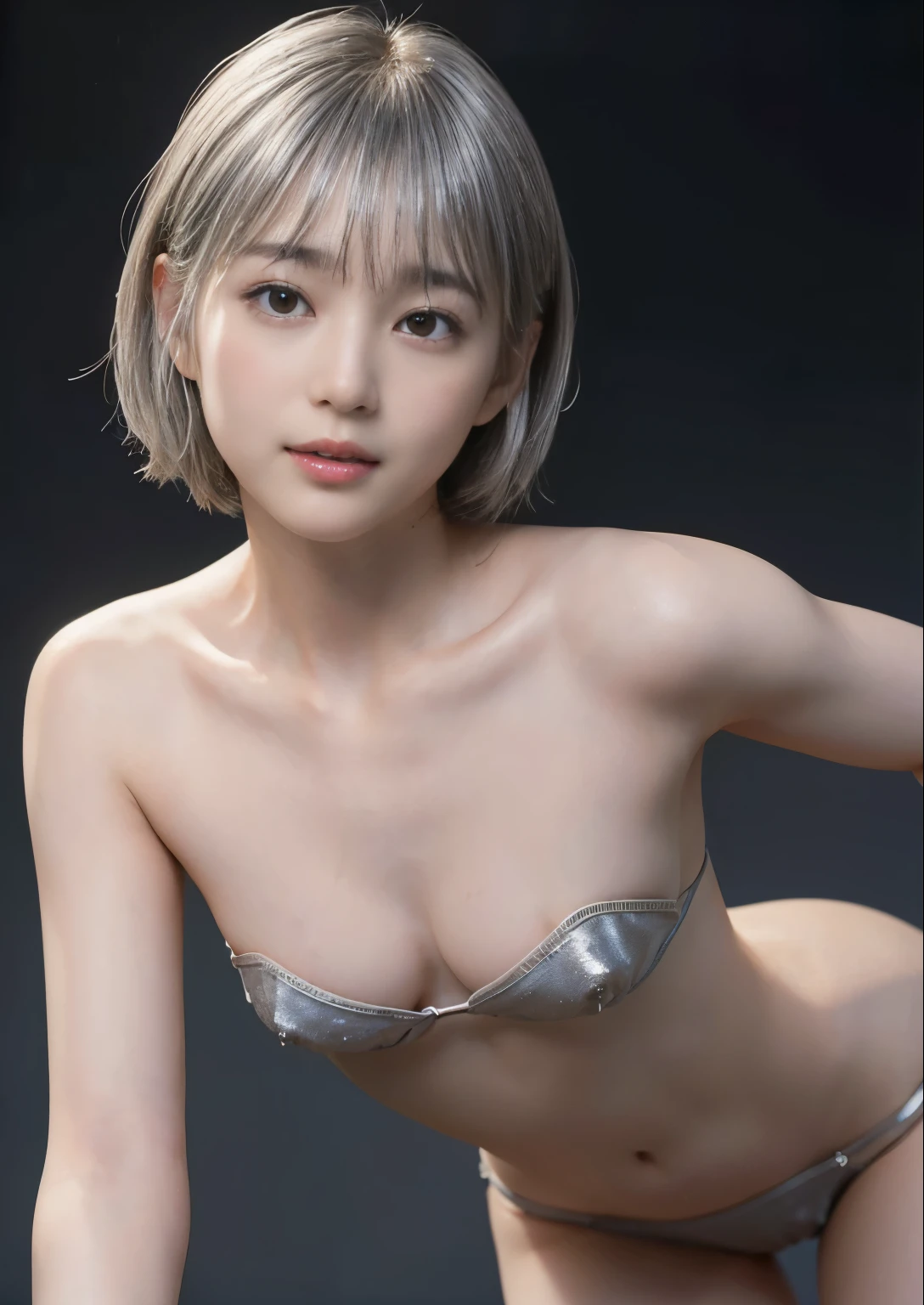 smile,((Browsing Caution)),(Highest quality:1.2), Female dog,(Female organ:1.1),8k, RAW Photos, Beautiful and sexy woman, Cute beautiful girl,((Her naked lower body is visible、股間のFemale organが見えている:1.3))、(Camel Toe)、((Small breasts:1.5))、((Short bob cut silver hair:1.5))、、Blue LED light、 Cleavage、White skin、high tech、Ultra-high resolution、Night view background、Beautiful Face、Professional Lighting、masterpiece、Highly detailed and beautiful professional photos、Thighs、Waist、Angle from below