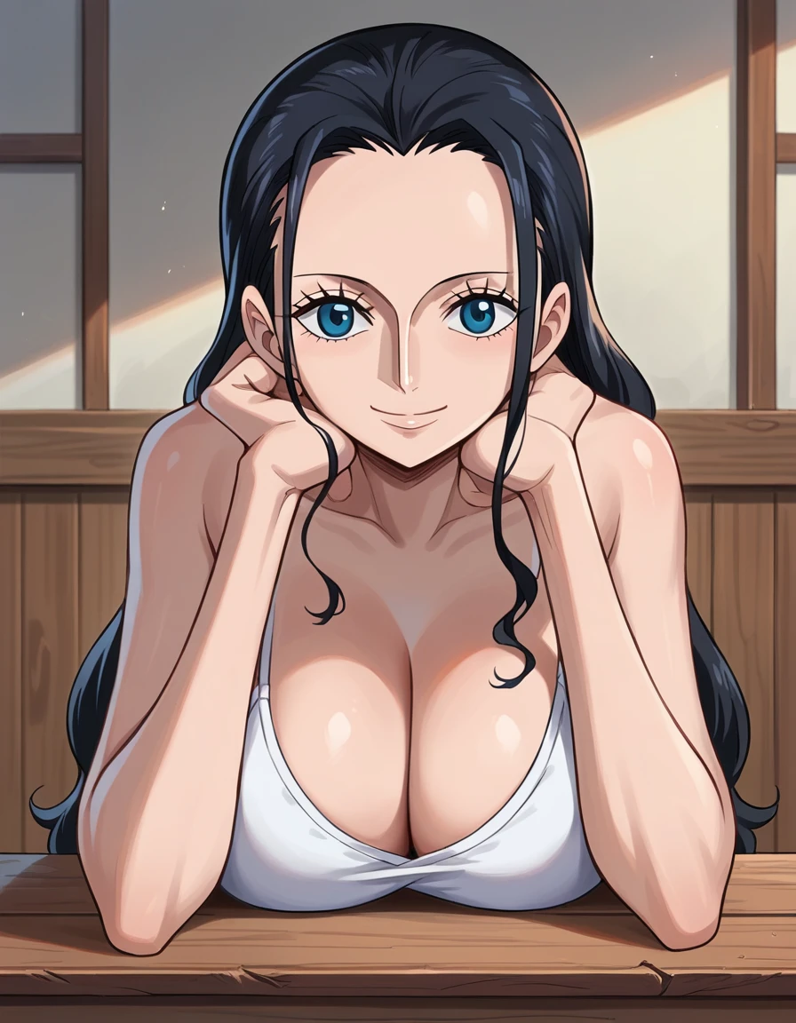 score_9, score_8_up, score_7_up, source_anime, best quality, clear face, 1girl, Nico Robin, black hair, long hair, blue eyes, large breasts, white camisole, cleavage, smile, looking at viewer, indoor, from front, upper body, head rest, wood table, breasts on table