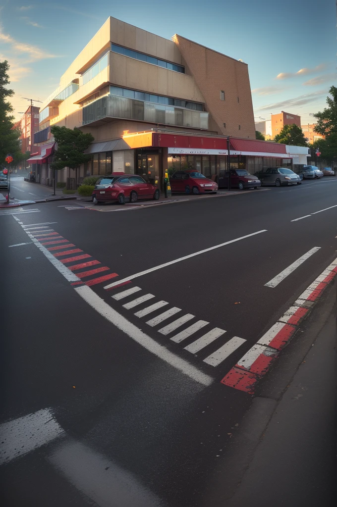 there is a red and white building with a red awning, street top view, street perspective, street level view, hdr shot, parking in the street, street corner, city street view background, interesting angle, restaurant in background, hdr photo, discovered photo, perspective shot, mid-view, soft filmic tonemapping, real image