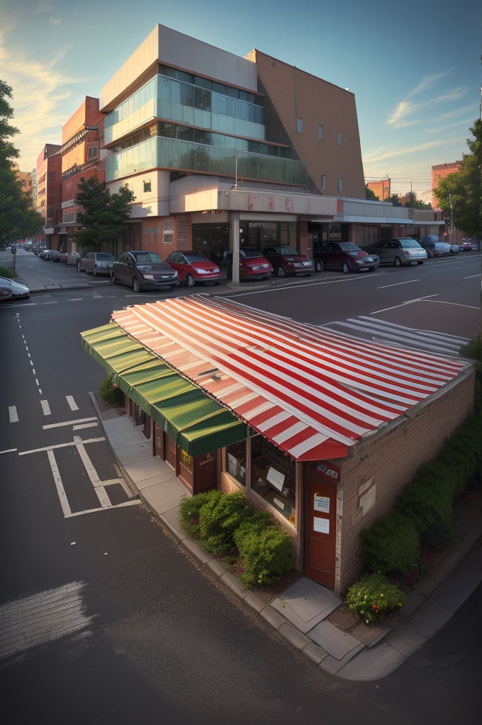 there is a red and white building with a red awning, street top view, street perspective, street level view, hdr shot, parking in the street, street corner, city street view background, interesting angle, restaurant in background, hdr photo, discovered photo, perspective shot, mid-view, soft filmic tonemapping, real image