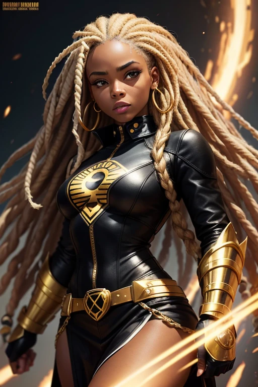 Black female super hero with blonde dreadlocks, wearing black and gold