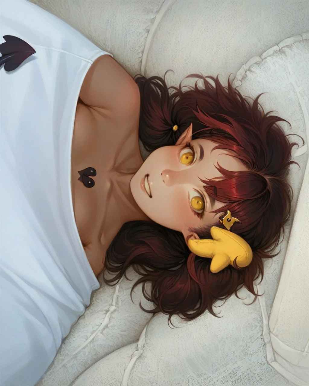 masteRpiece, best qualityer, 1giRl, standing alone, yellow eyes, Red haiR, small bReast, demon giRl, demon tail, demon wings, small demon hoRns, pointy eaRs, (small bReast), (Flat Breast), twintails, bat hair ornament, cape, white shiRt, white legweaR, plush toy, plush toy, beRet, mitts, bangss, ha