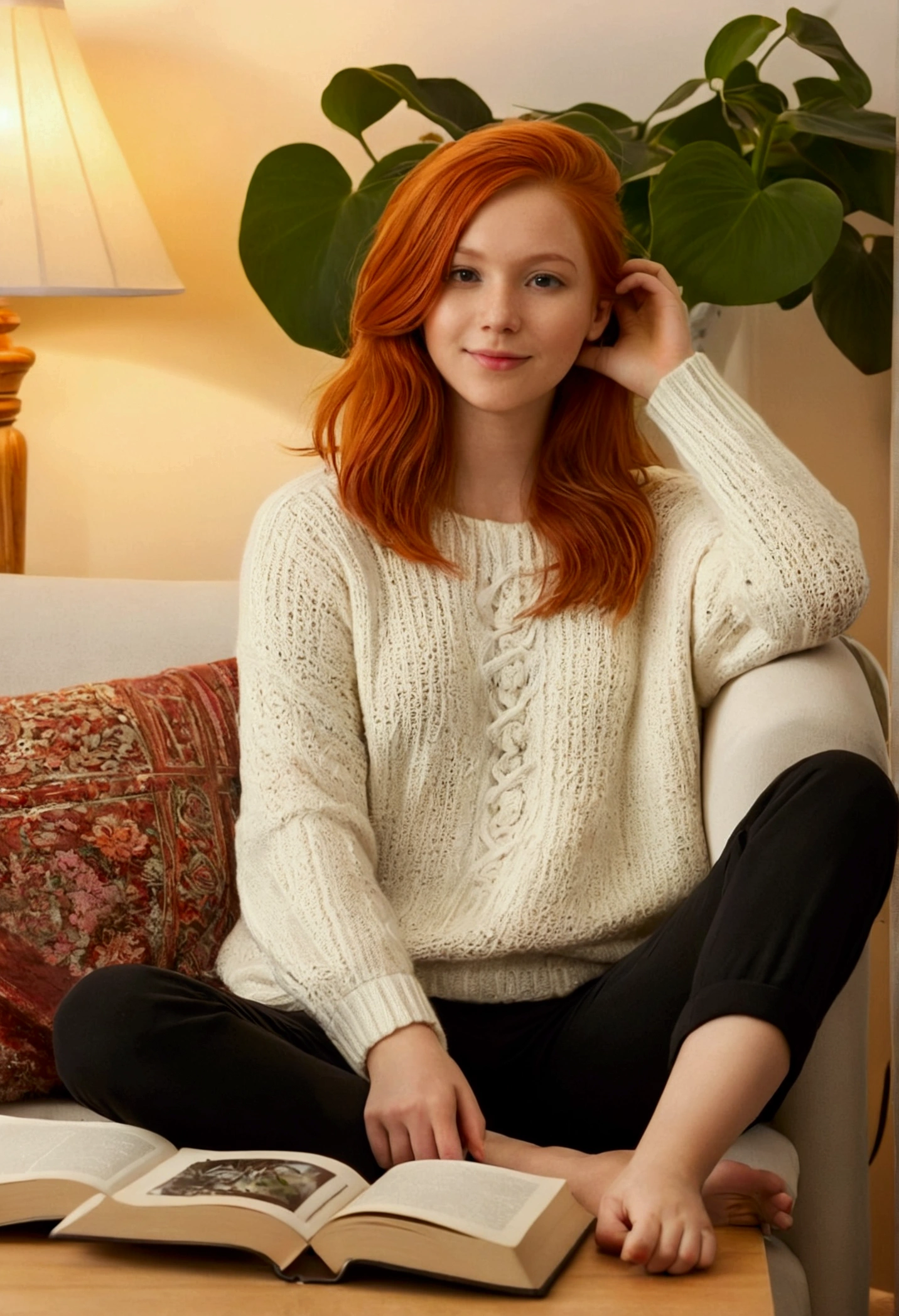 Create an image of a young Russian woman in her twenties with red hair and big , sitting comfortably in a cozy, warmly-lit living room or bedroom. The environment should exude warmth and comfort, with soft lighting, plush furniture, and perhaps some personal touches like books, plants, or art on the walls. The woman should have a relaxed and content expression, wearing casual, comfortable clothing that suits the cozy atmosphere. The overall scene should feel inviting and homely, capturing a moment of quiet and peace.