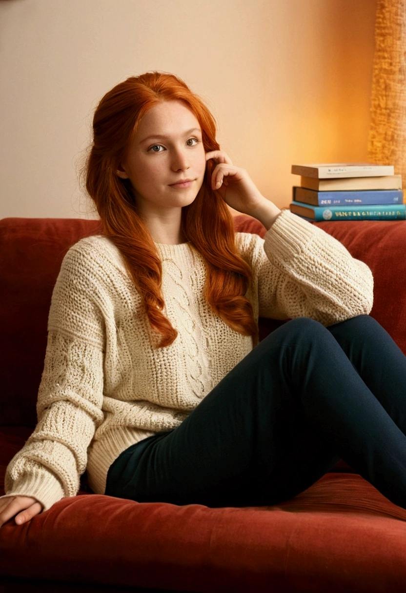 Create an image of a young Russian woman in her twenties with red hair and big , sitting comfortably in a cozy, warmly-lit living room or bedroom. The environment should exude warmth and comfort, with soft lighting, plush furniture, and perhaps some personal touches like books, plants, or art on the walls. The woman should have a relaxed and content expression, wearing casual, comfortable clothing that suits the cozy atmosphere. The overall scene should feel inviting and homely, capturing a moment of quiet and peace.