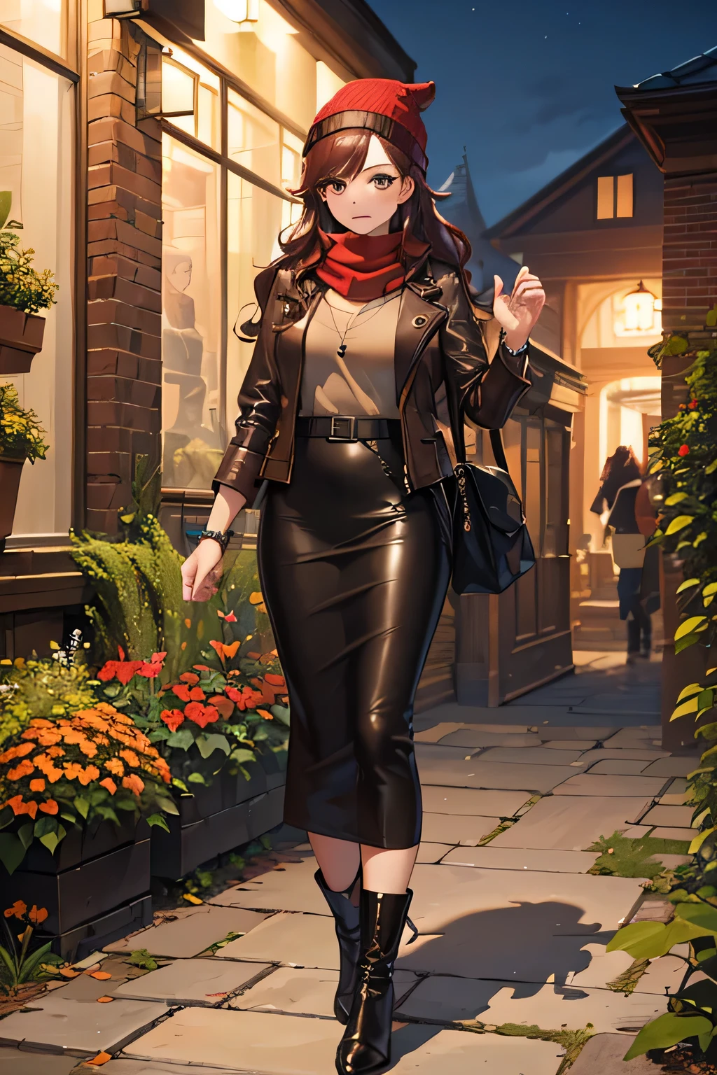 ((masterpiece, best quality, ultra-detailed)), beautiful woman walking through a fall garden, brown leather jacket with gray t-shirt, scarf, beanie, bracelet, black maxi pencil skirt, leather boots, backpack, full body, long red hair, wavy hair, fall garden, leaves, night