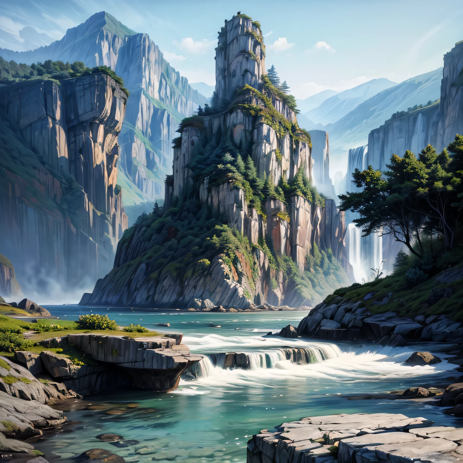 A highly detailed and realistic illustration of a surreal, fantastical deserted island landscape inspired by the adventure science fiction novel "The Mysterious Island" by Jules Verne, cinematic lighting, dramatic composition, lush tropical foliage, rugged cliffs, mysterious caves, pristine beaches, lagoons and waterfalls, vibrant colors, photorealistic rendering, 8k, best quality