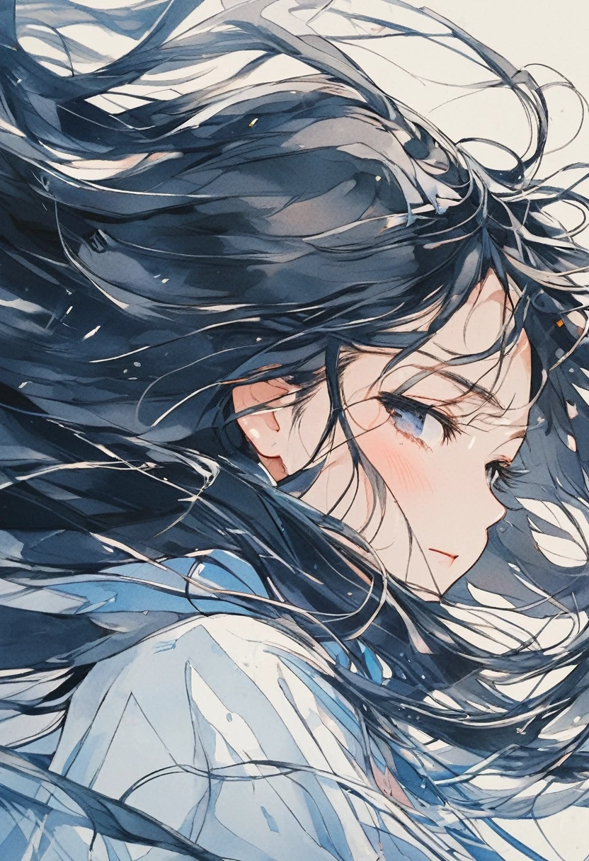 a close up view of a girl with her hair blowing in the wind, 1girl, long hair, solo, upper body, closed eyes, long sleeves