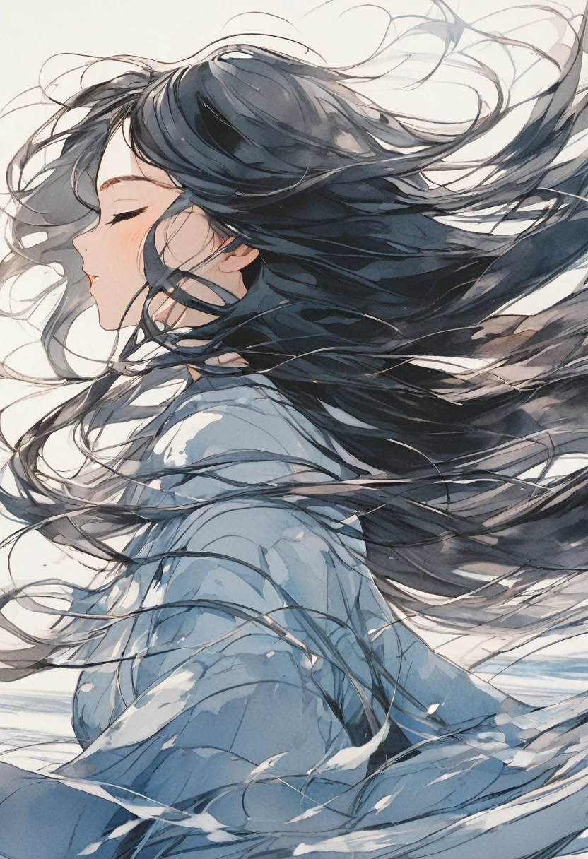 a close up view of a girl with her hair blowing in the wind, 1girl, long hair, solo, upper body, closed eyes, long sleeves
