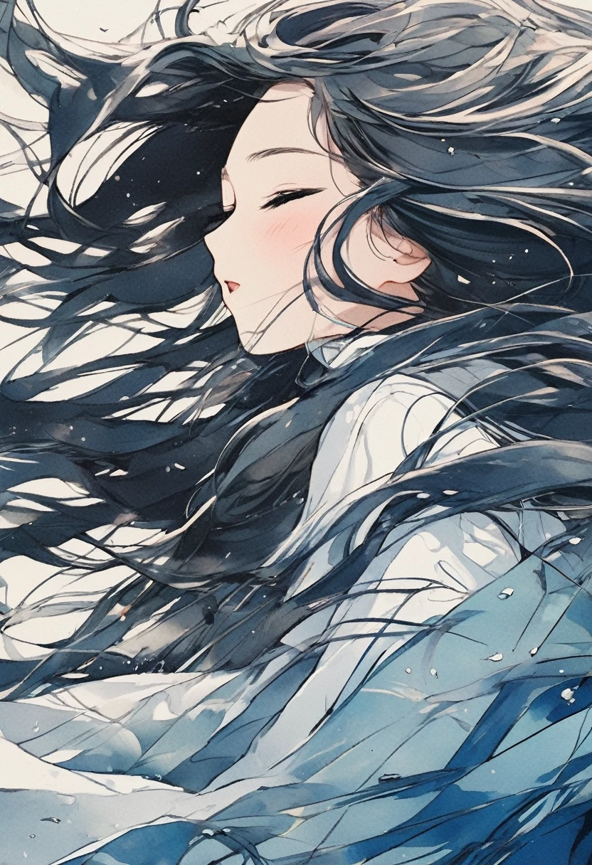 a close up view of a girl with her hair blowing in the wind, 1girl, long hair, solo, upper body, closed eyes, long sleeves