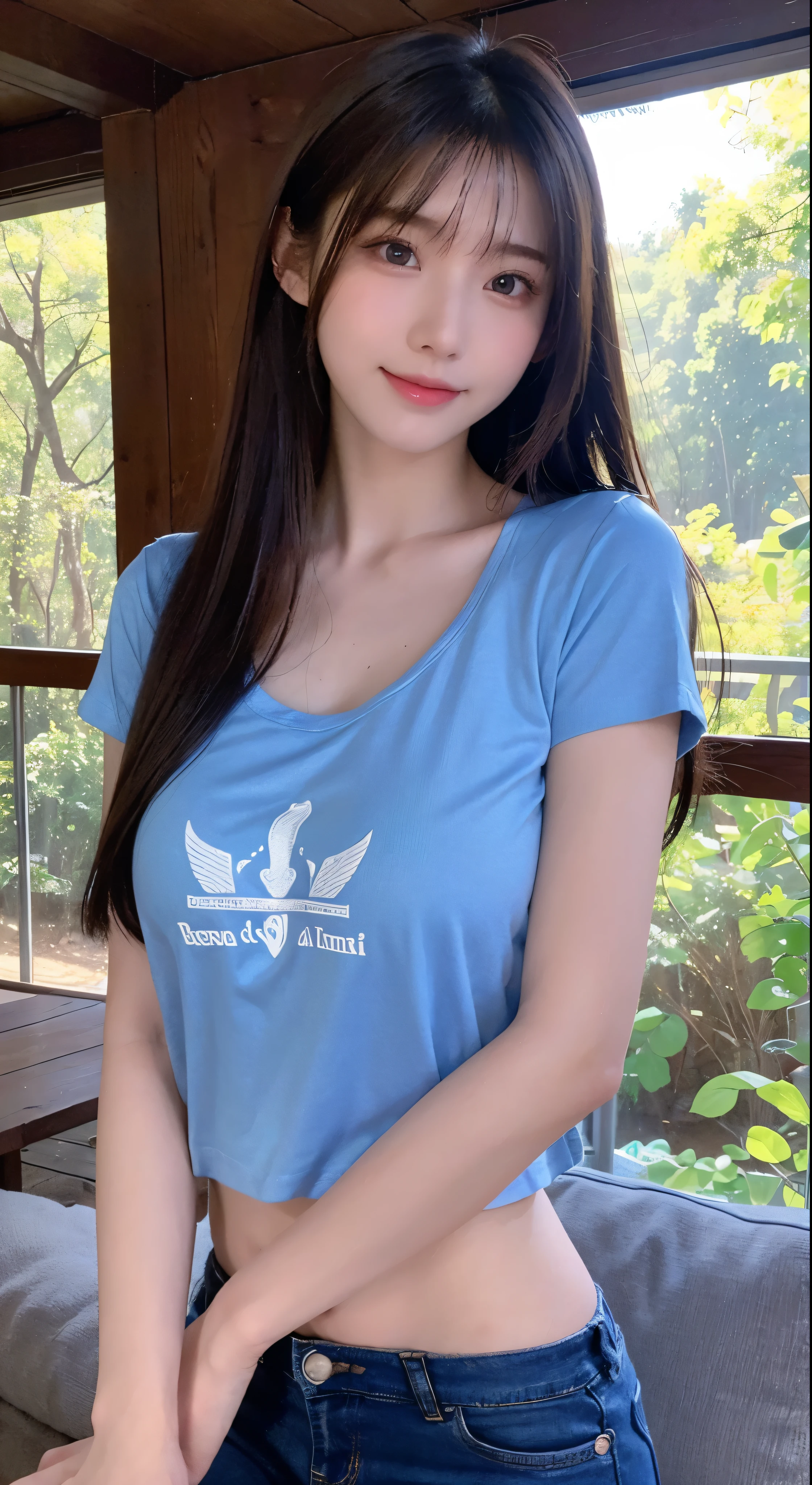 with high definition images，beautiful女の子、18-year-old，face showing、Blue T-shirt and denim pants、Long chestnut hair、brown、8k、Professional photos、delicate、clear、in the forest、sun、Light leakage、masterpiece、(beautiful))))、(reality))))、smile、Facial details，Fantasy、Angel、young，Full body high quality images