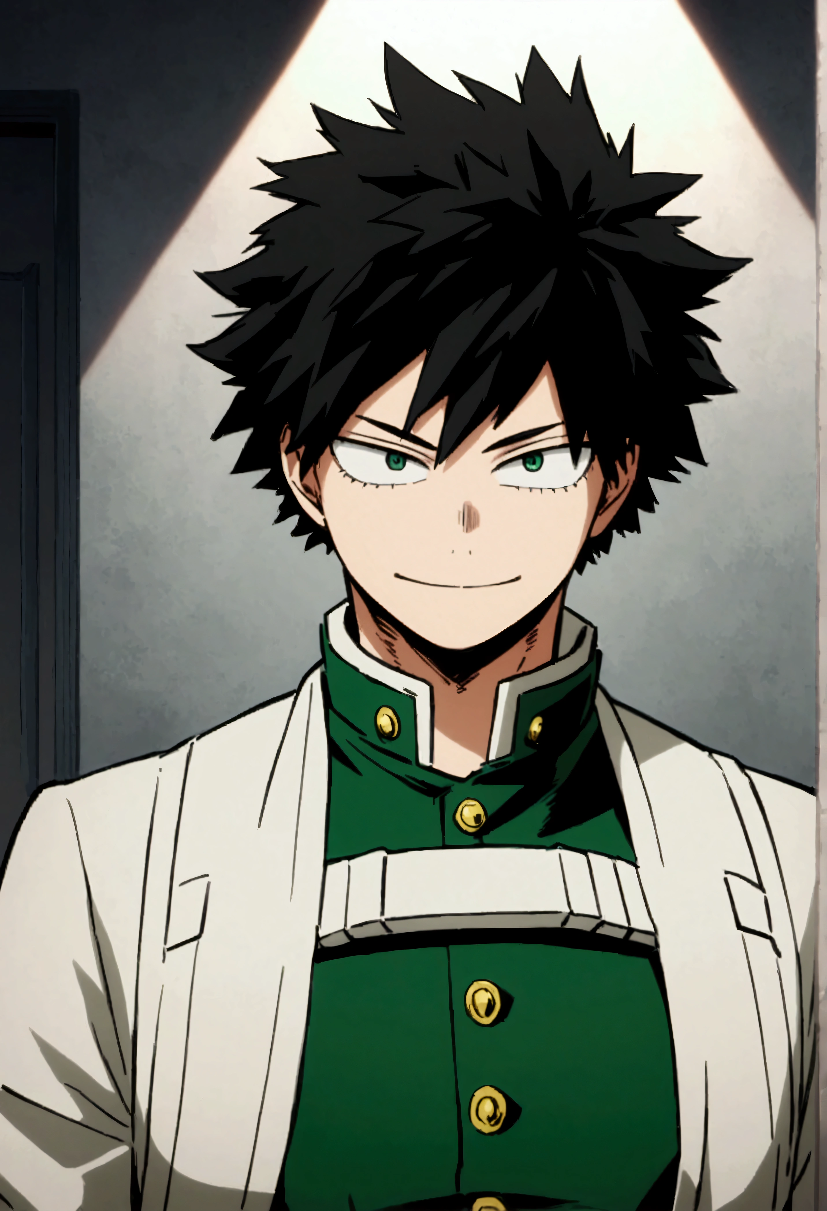Screenshot of boku no hero academia , beautiful young boy .with strong black hair. Green eyes .wearing Boku no Hero clothes, gentle face, smiling, Boku no Hero Style, inside the UA academy