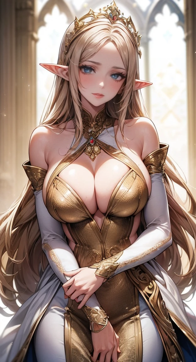 (Masterpiece: 1.2), (best quality: 1.2) , Holy elf in costume, voluptuous, mature, high (1.85), She appeared to be in her 30s., had long golden hair (gold), Hair is straight and shiny. , golden eyes like sunlight, Ultra-realistic eyes, ดวงตาที่มีรายละเอียดhigh, Eyes in proportion to your face, very detailed eyes, perfect eyes, Extremely realistic eyes, Eyes lined together, Long eyelashes, anime style, perfect face, The face of a milf , full lips, smile, mature, white skin, Natural body, ร่างกายsexy, MILF body, perfect hand, detailed hands, The hands are in good proportion to the body., realistic hand, The arm has good anatomy., She was wearing only a pristine white dress that still couldn&#39;t hide her large, voluminous breasts that hung down due to her size., thick thighs, wide hips, looking at the audience, Background settings, Setting up on a vegetable farm, vegetables in the background posing alone looking at the audience, (big tits),sexy, seductive pose, big breasts,Show your breasts,The cracks are clear....,((big tits))，(pubic bone), rift, visible chest,ท่าทางvoluptuous,I see bulging nipples.,(((large areolae:1.4,pink,The nipples are clearly visible.......))),((((pussy,bare female genitals))))