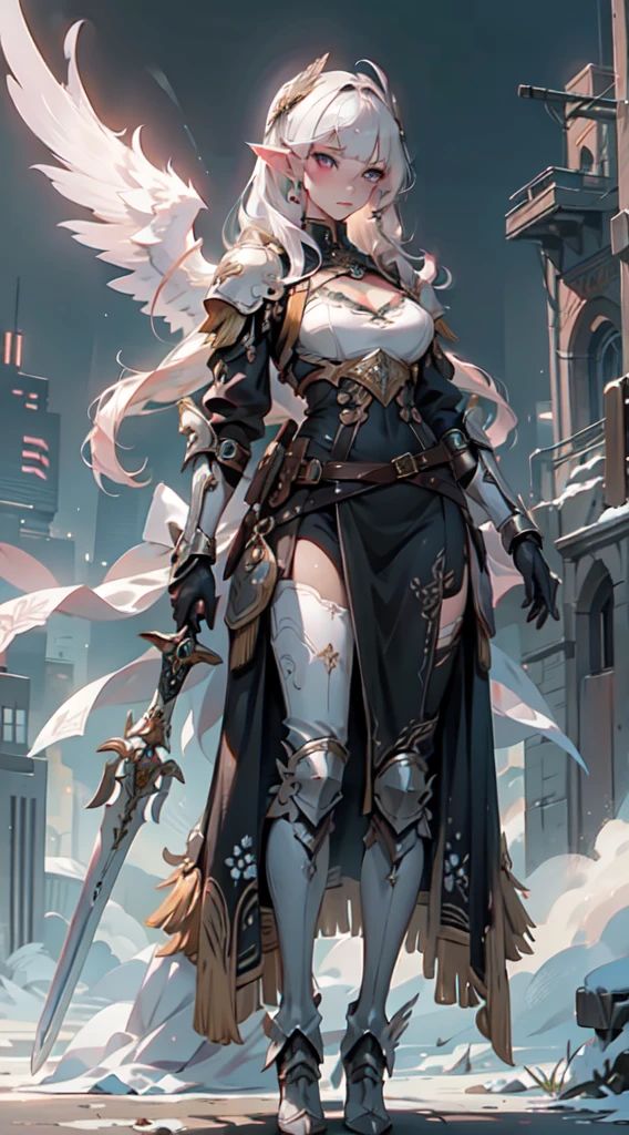 ((4k,masterpiece,best quality)), (zentangle, mandala, tangle, entangle), (fractal art:1.3), maxiskit, dress conservatively, (elf:1.2), 1girl, solo, full body, wide shoot, standing with white boots, holding sword down, Blunt bangs, (hair between eye), white hair, golden eyes, long hair, elf ears, ((Valkyrie white armor, angel, Chest protector)), side bang, from front, extra size body, night, mountain, look at viewer, dynamic pose, art style by Artgerm, by Kawacy, by Wadim kashin, BREAK, eyelashes, eyeshadow, pink eyeshadow