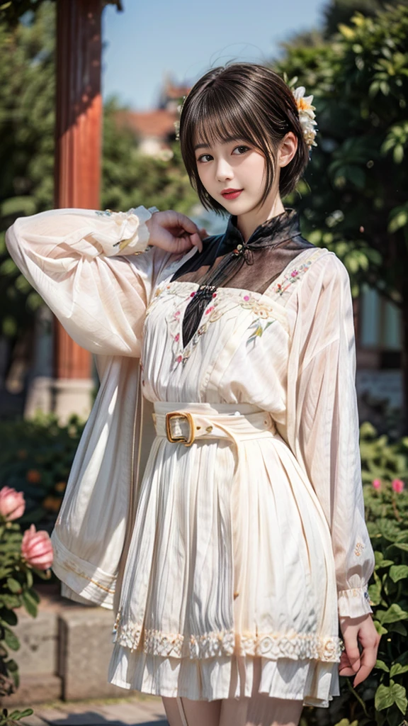 (20-year-old female,Flower Clothing), (Surrealism), (high resolution), ((Beautiful Hairstyle 46)), ((short hair:1.46)), (Gentle smile), (Chested:1.1), (Lipstick)，miniskirt，belt，garden，