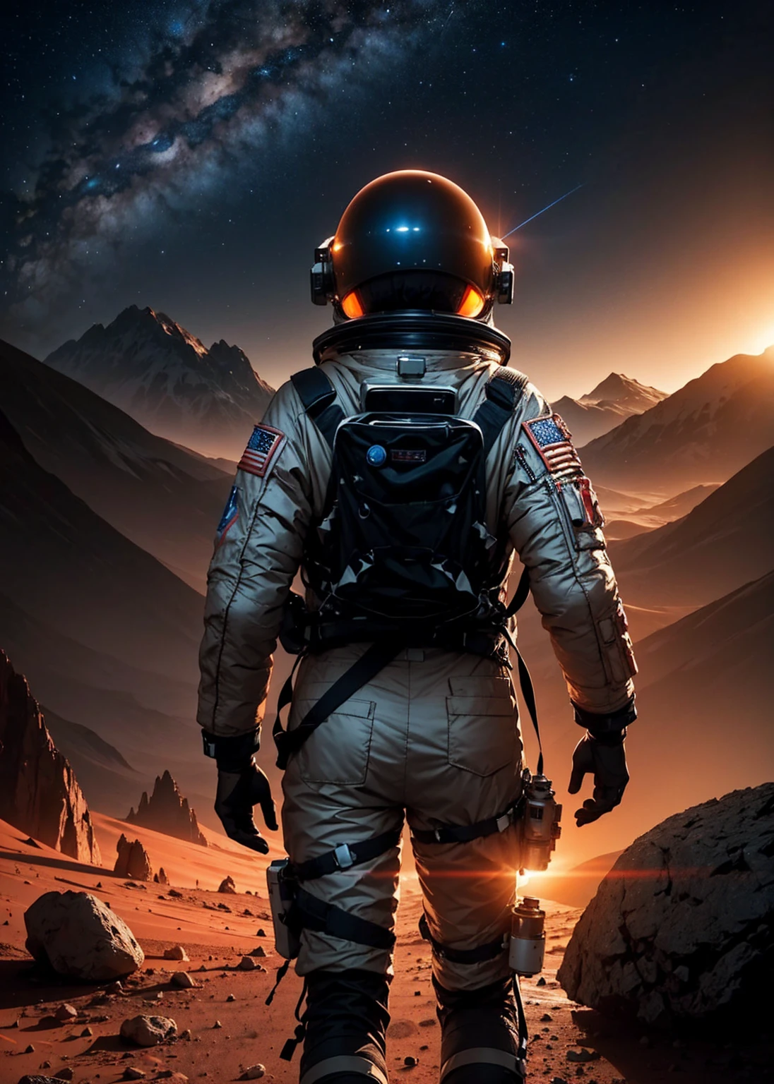 An astronaut walking on Mars at night, with an environment filled with rocks, stones, mountains, and peaks. The scene is viewed from behind the astronaut, so the viewer sees the astronaut from the back. The Martian sky is dark with stars visible, and the landscape is illuminated by the astronaut's suit lights.