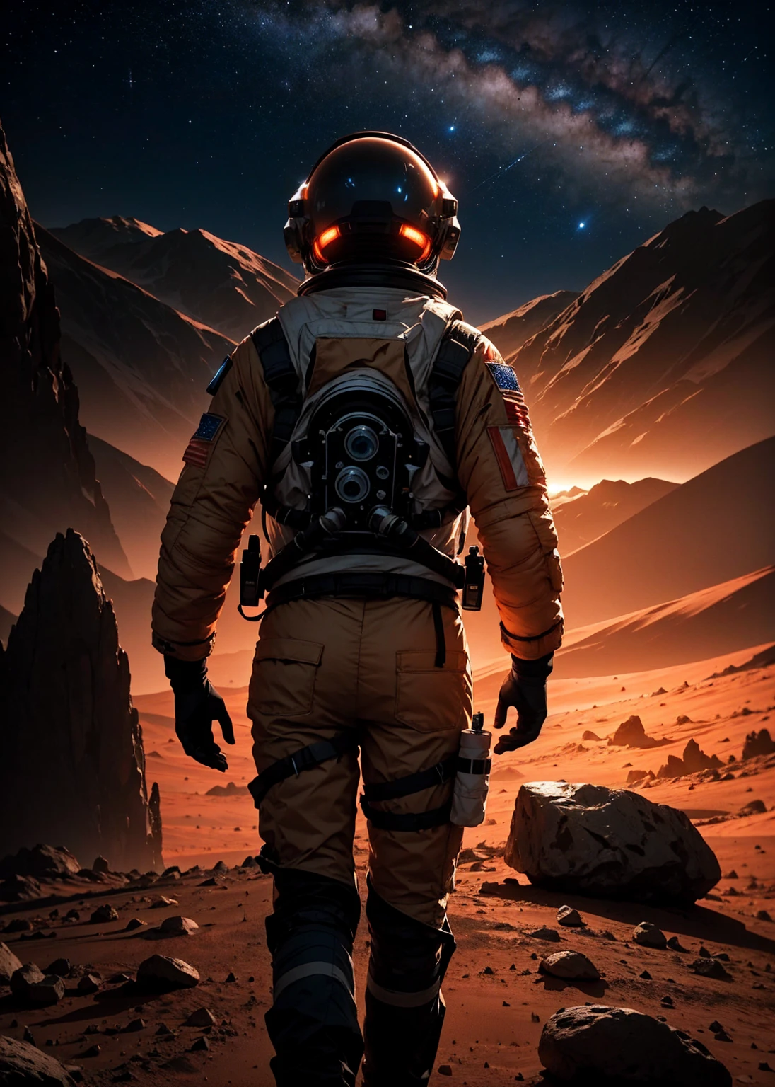 An astronaut walking on Mars at night, with an environment filled with rocks, stones, mountains, and peaks. The scene is viewed from behind the astronaut, so the viewer sees the astronaut from the back. The Martian sky is dark with stars visible, and the landscape is illuminated by the astronaut's suit lights.