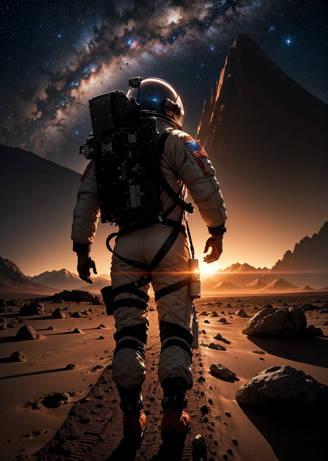 An astronaut walking on Mars at night, with an environment filled with rocks, stones, mountains, and peaks. The scene is viewed from behind the astronaut, so the viewer sees the astronaut from the back. The Martian sky is dark with stars visible, and the landscape is illuminated by the astronaut's suit lights.
