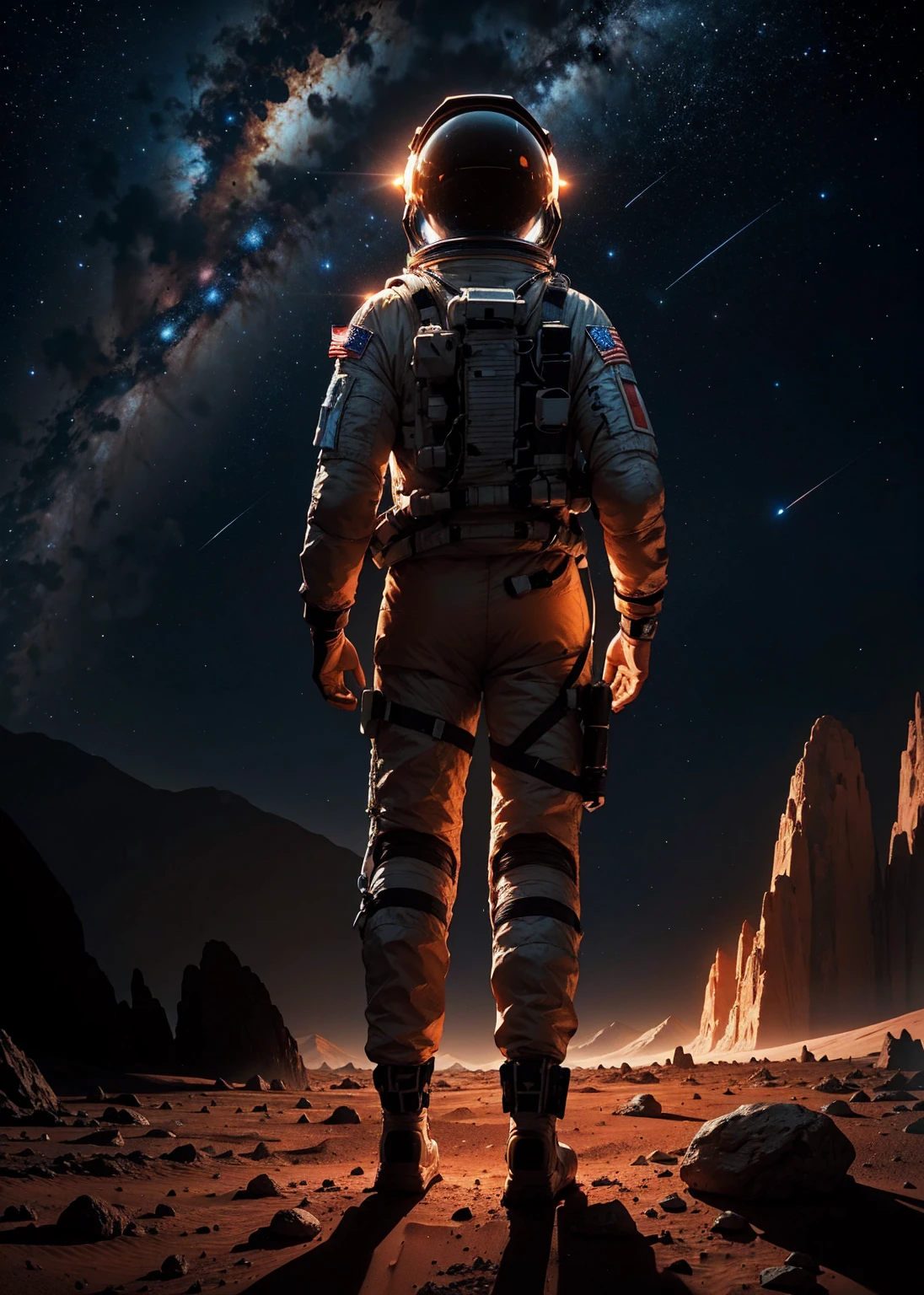 An astronaut walking on Mars at night, with an environment filled with rocks, stones, mountains, and peaks. The scene is viewed from behind the astronaut, so the viewer sees the astronaut from the back. The Martian sky is dark with stars visible, and the landscape is illuminated by the astronaut's suit lights.