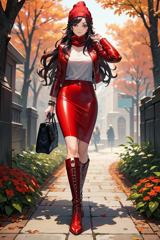 ((masterpiece, best quality, ultra-detailed)), beautiful woman walking through a fall garden, red leather jacket with gray t-shirt, scarf, beanie, bracelet, black maxi pencil skirt, leather boots, full body, long red hair, wavy hair, fall garden, leaves, night