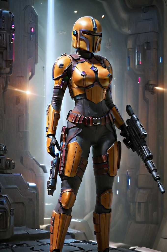 A ((female Twi'lek ))Mandalorian, detailed futuristic armor, intricate helmet, jetpack, blaster rifle, epic pose, dramatic lighting, gritty sci-fi atmosphere, cinematic, dramatic colors, highly detailed, 8k, photorealistic, masterpiece