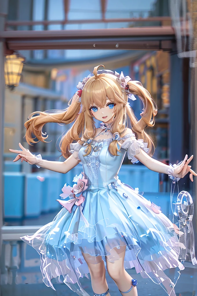 Solo girl, comical, kawaii, Blue eyes, light brown hair, high long twintails, (yellow princess dress 1.5), open mouth smile, , posing, sexy, high-resolution image, masterpiece, high quality, attractive eyes