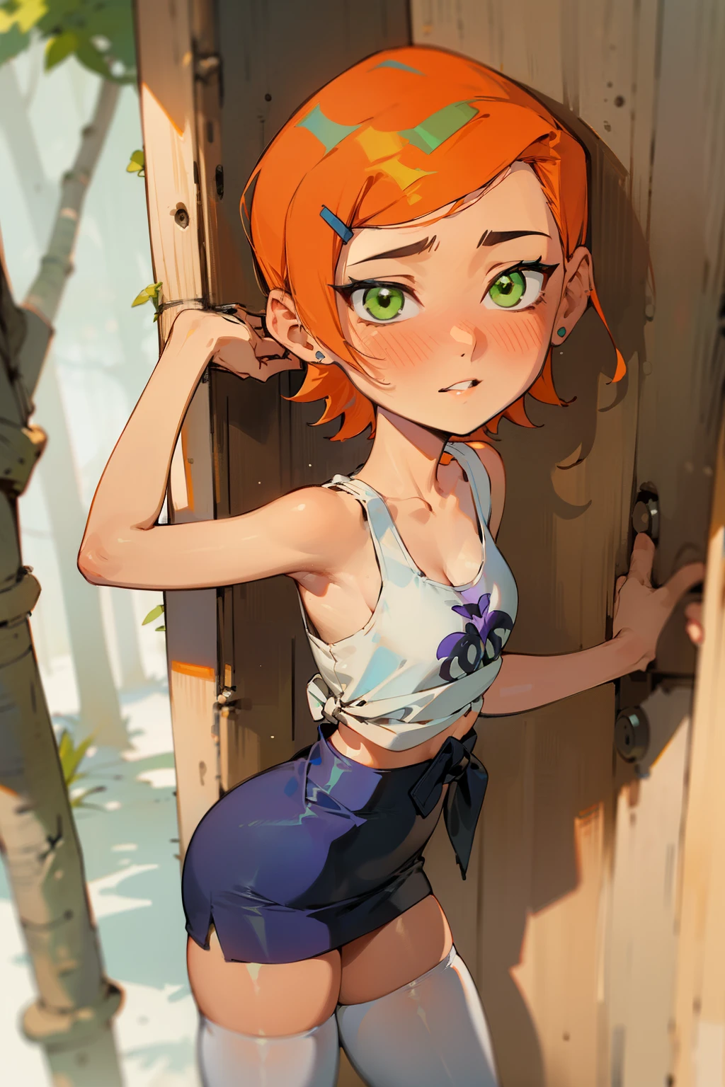 (Masterpiece), Best Quality , ultra-detailed, 1girl (Gwendolyn_Tennyson, breasts, naked body, orange hair, short hair, green eyes), a come-hither face, wicked smile, parted lips, solo, facing viewer, looking at viewer, sundress, forest, in the mountain cabin, night time, dark lighting, standing, come-on, hands up, wind, skirt lift,  love juice flows out of her pussy 