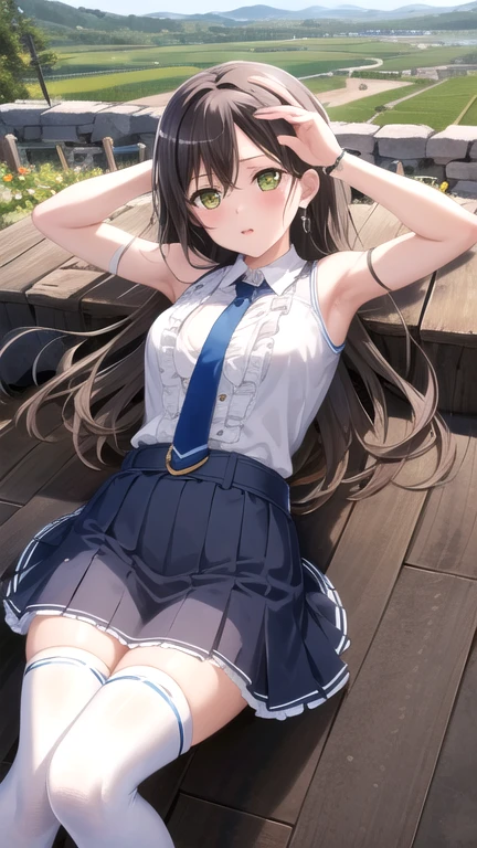 ((masterpiece)), (best quality), official art, extremely detailed CG, unity 8k wallpaper, ultra detailed, highly detailed, detailed background, vivid color,
1girl, tae,black hair,long hair,green eyes, 
skirt, shirt, thighhighs, bow, white shirt, pleated skirt, frills, necktie, sleeveless, collared shirt, belt, miniskirt, star symbol, bracelet, blue skirt, zettai ryouiki, sleeveless shirt, blue bow, blue footwear,  
Leaning back, arms folded, vineyard, sprawling countryside, terraced slopes, winery, 
 