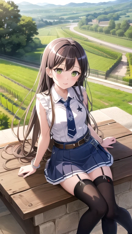 ((masterpiece)), (best quality), official art, extremely detailed CG, unity 8k wallpaper, ultra detailed, highly detailed, detailed background, vivid color,
1girl, tae,black hair,long hair,green eyes, 
skirt, shirt, thighhighs, bow, white shirt, pleated skirt, frills, necktie, sleeveless, collared shirt, belt, miniskirt, star symbol, bracelet, blue skirt, zettai ryouiki, sleeveless shirt, blue bow, blue footwear,  
Leaning back, arms folded, vineyard, sprawling countryside, terraced slopes, winery, 
 