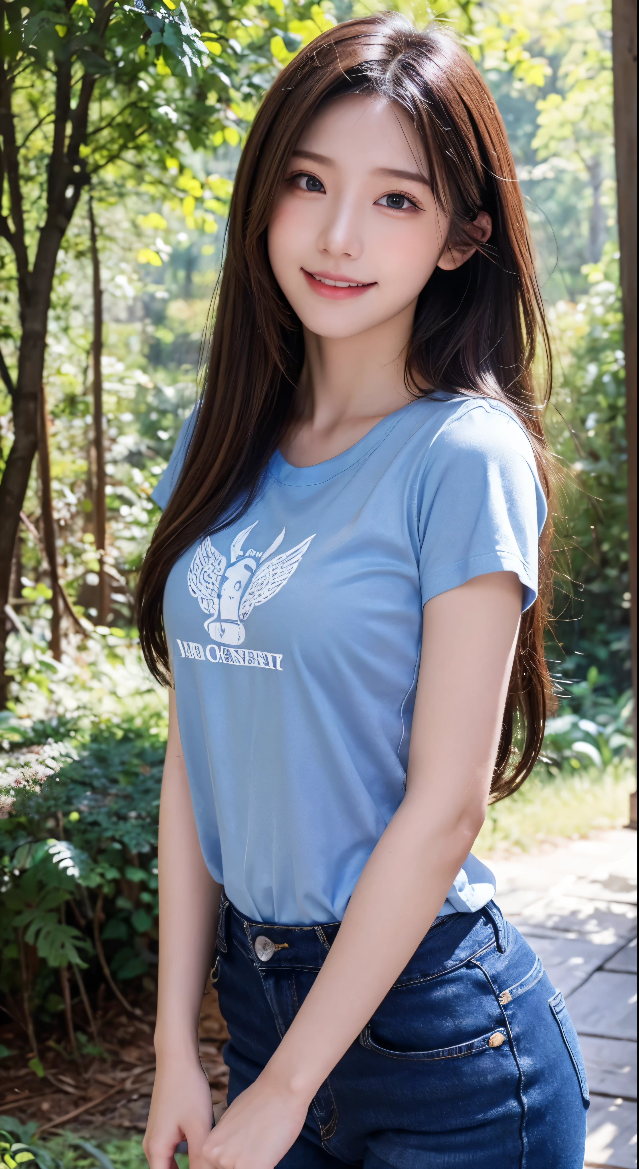 with high definition images，beautiful女の子、18-year-old，face showing、Blue T-shirt and denim pants、Long chestnut hair、brown、8k、Professional photos、delicate、clear、in the forest、sun、Light leakage、masterpiece、(beautiful))))、(reality))))、smile、Facial details，Fantasy、Angel、young，Full body high quality images