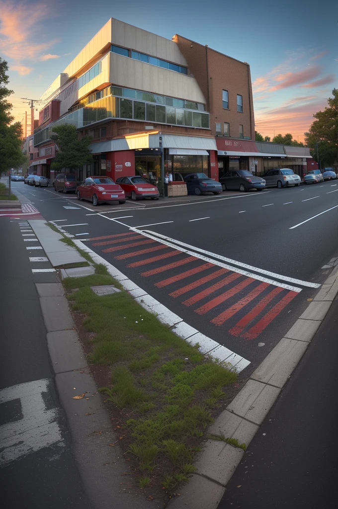 there is a red and white building with a red awning, street top view, street perspective, street level view, hdr shot, parking in the street, street corner, city street view background, interesting angle, restaurant in background, hdr photo, discovered photo, perspective shot, mid-view, soft filmic tonemapping, real image