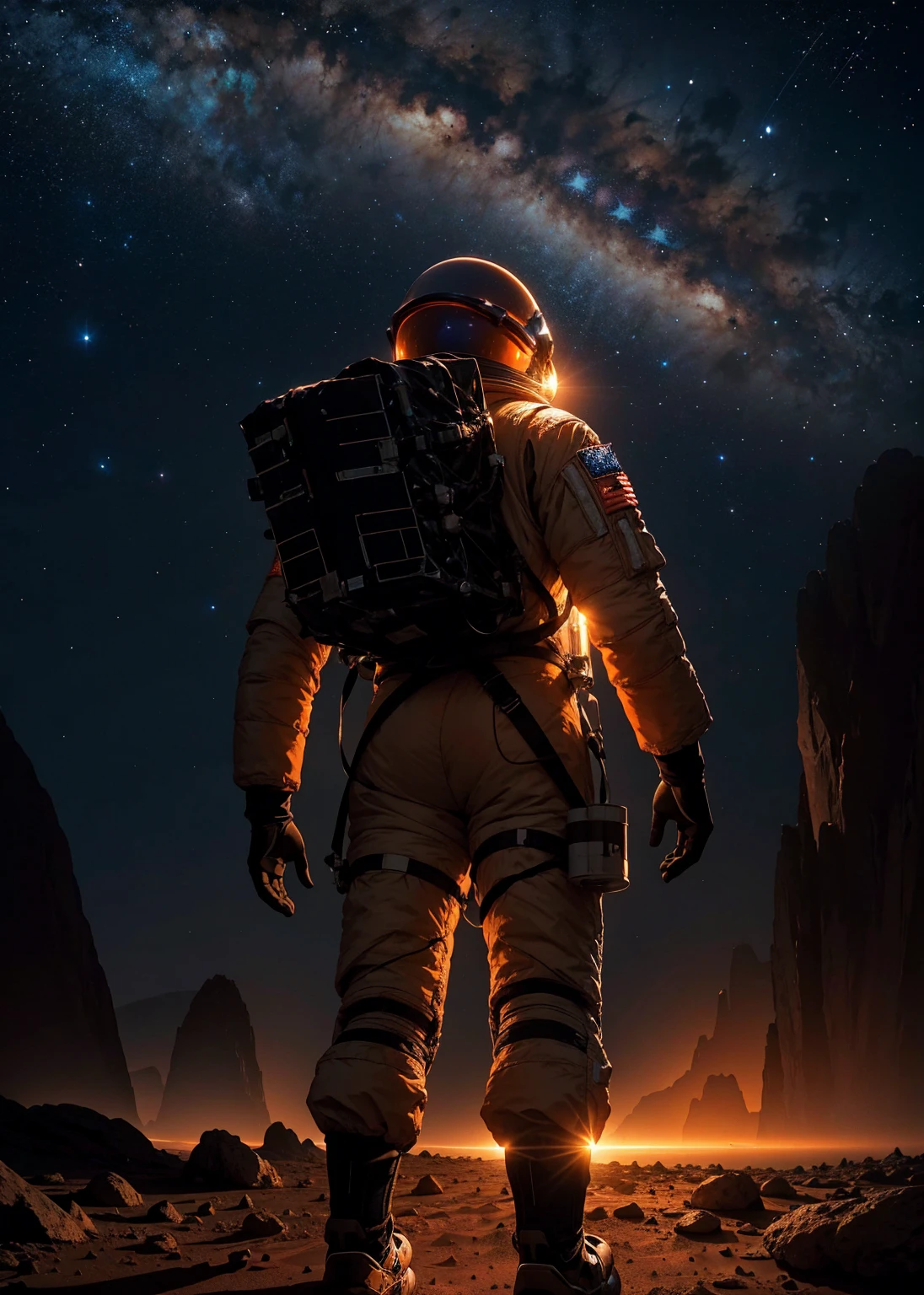An astronaut walking on Mars at night, with an environment filled with rocks, stones, mountains, and peaks. The scene is viewed from behind the astronaut, so the viewer sees the astronaut from the back. The Martian sky is dark with stars visible, and the landscape is illuminated by the astronaut's suit lights.