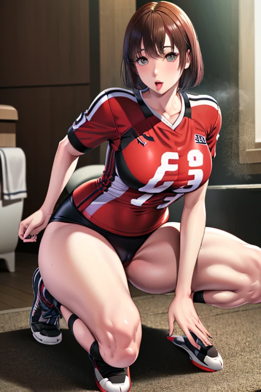 masterpiece, Highest quality, figure, Very detailed, Fine details, High resolution, 8k,wallpaper, Perfect dynamic composition,(Detailed high quality, Realistic depiction of eyes:1.3), toilet, (Toilet), Kneel, (short hair volleyball player, Volleyball Uniforms), Tight clothing, , Very large breasts, Black hair color, Big Natural Color Lip, Bold sexy pose, (Perfect figure), Putting on gal makeup, Sexy Face, Harajuku Style、20-year-old girl、Cute type、ta、Beautiful feet, Gravure idol pose