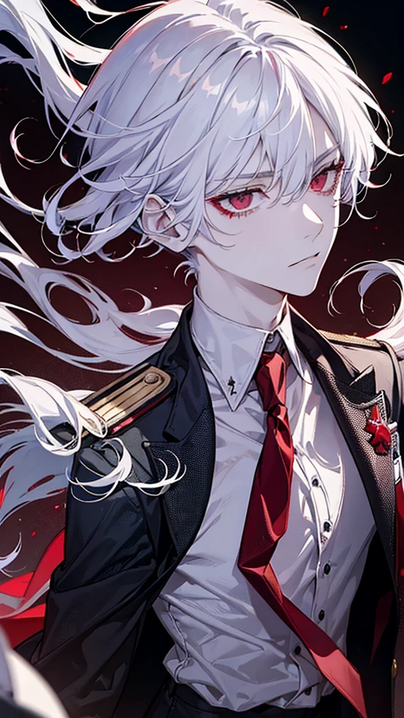 (masterpiece, best quality), solo, male focus, 1male, white collared shirt, (blood_on_clothes), white hair, red eyes, full of anger and madness, desperate, a great intention to kill, battlefield against demons, TOTAL DESTRUCTION PLACE,
