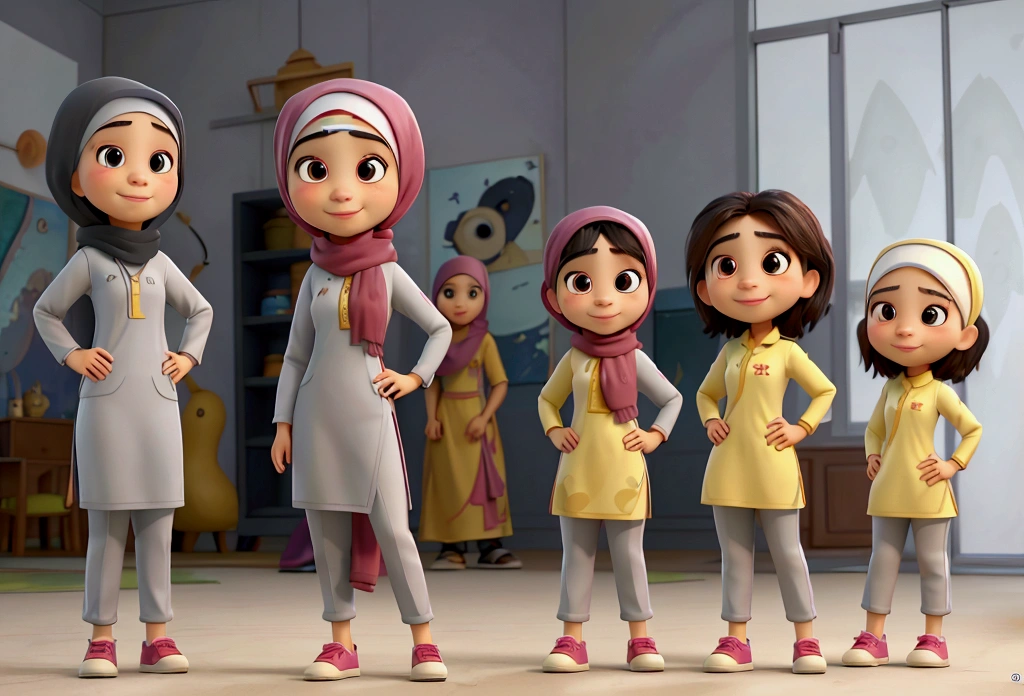 masterpiece, best quality,pixar: Successful malay female sport,smiling, wearing gray sport hijab and baju kurung with girls team