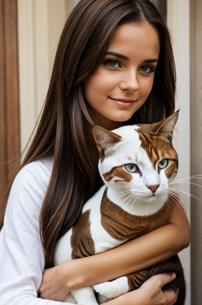 White woman with straight brown hair with a tricolor cat 