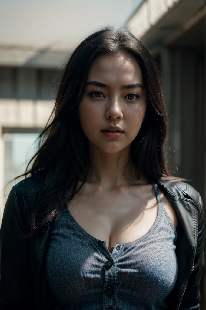 Jessica Henwick, black jacket, white t-shirt, blue jeans, detailed face, beautiful eyes, intricate facial features, realistic portrait, 8k, hyperrealistic, photorealistic, cinematic lighting, highly detailed, award winning digital art, vibrant colors, dramatic shadows, elegant pose, natural expression, seamless texture, flawless skin, studio lighting