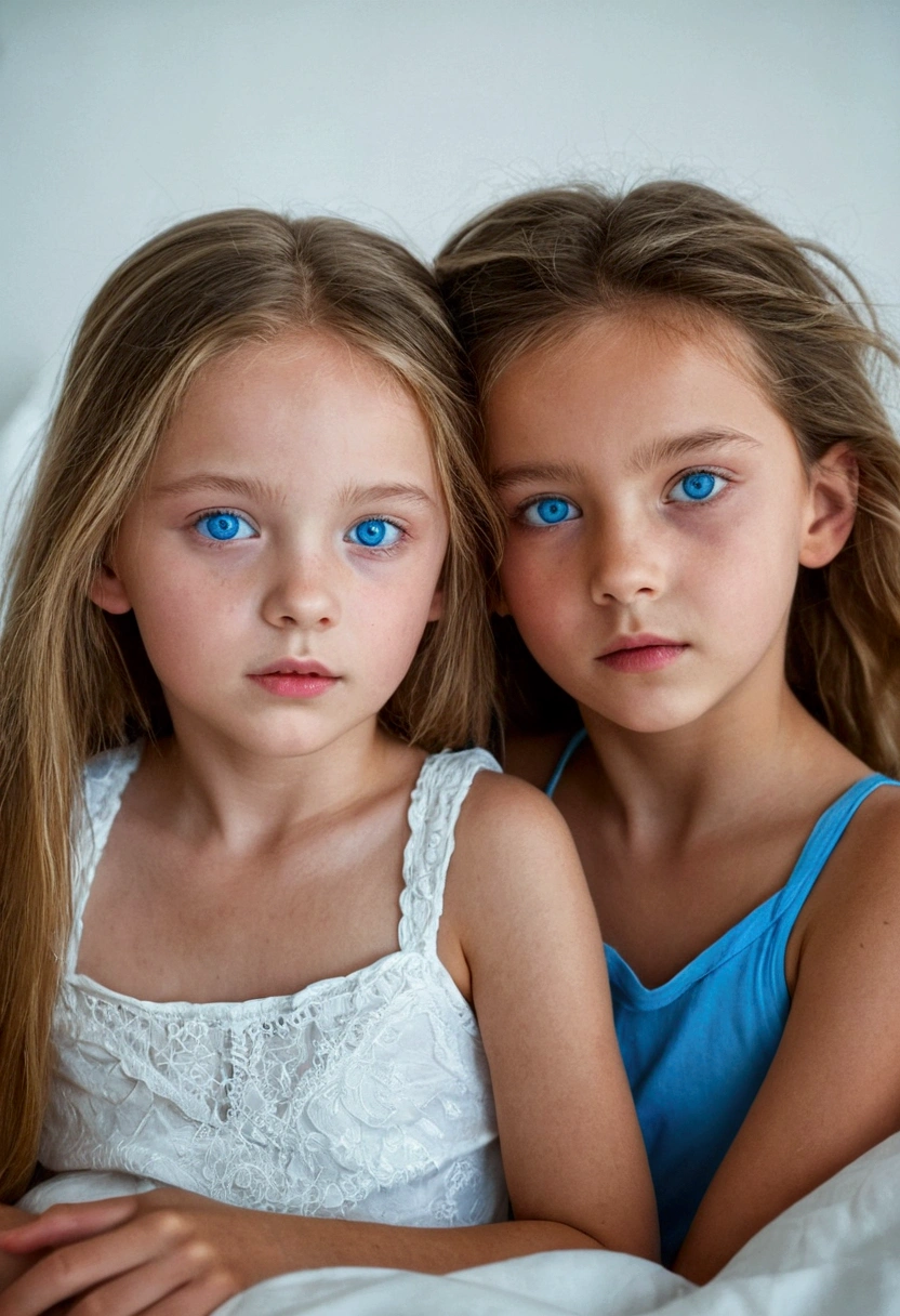 Girl without white clothes with blue eyes next to her sister in bed