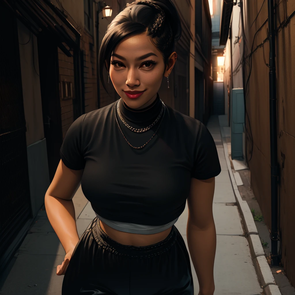 Chitose,black hair,brown eyes,short hair,ponytail,braids,short sleeve,
crop top, (seductive stare into camera),black pants,necklace,street,night,alley, smile, 
(insanely detailed,masterpiece, best quality)((solo,1girl,alone))