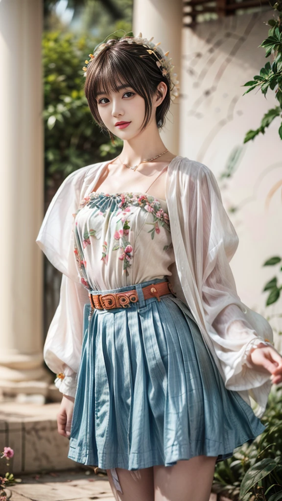 (20-year-old female,Flower Clothing), (Surrealism), (high resolution), ((Beautiful Hairstyle 46)), ((short hair:1.46)), (Gentle smile), (Chested:1.1), (Lipstick),miniskirt,belt,garden,