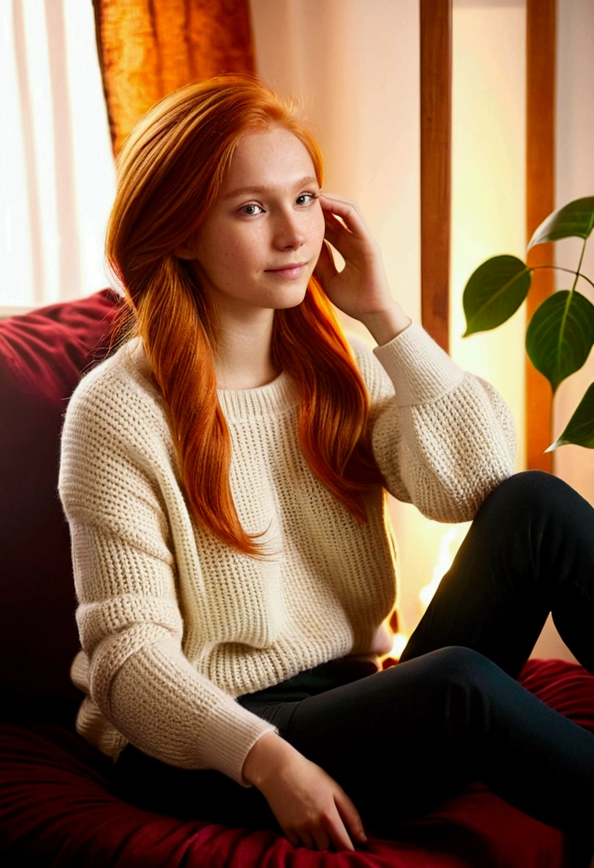 Create an image of a young Russian woman in her twenties with red hair and big , sitting comfortably in a cozy, warmly-lit living room or bedroom. The environment should exude warmth and comfort, with soft lighting, plush furniture, and perhaps some personal touches like books, plants, or art on the walls. The woman should have a relaxed and content expression, wearing casual, comfortable clothing that suits the cozy atmosphere. The overall scene should feel inviting and homely, capturing a moment of quiet and peace.