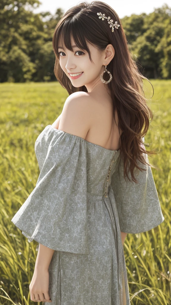 Smile, Looking at the audience, Hair accessories, Japanese clothes, side , Separate sleeves, Wide sleeves, Jewelry, earrings, Bare shoulders, 1 Girl, windy, outdoors, Digital SLR Camera, Bokeh, outdoor, Grass, Trees, evergreen, Sunlight, Sunlight, detailed, Ultra Detailed, high resolution, best quality, masterpiece, light,