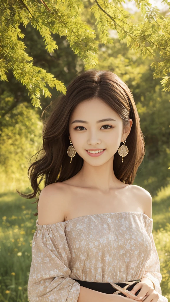Smile, Looking at the audience, Hair accessories, Japanese clothes, side , Separate sleeves, Wide sleeves, Jewelry, earrings, Bare shoulders, 1 Girl, windy, outdoors, Digital SLR Camera, Bokeh, outdoor, Grass, Trees, evergreen, Sunlight, Sunlight, detailed, Ultra Detailed, high resolution, best quality, masterpiece, light,