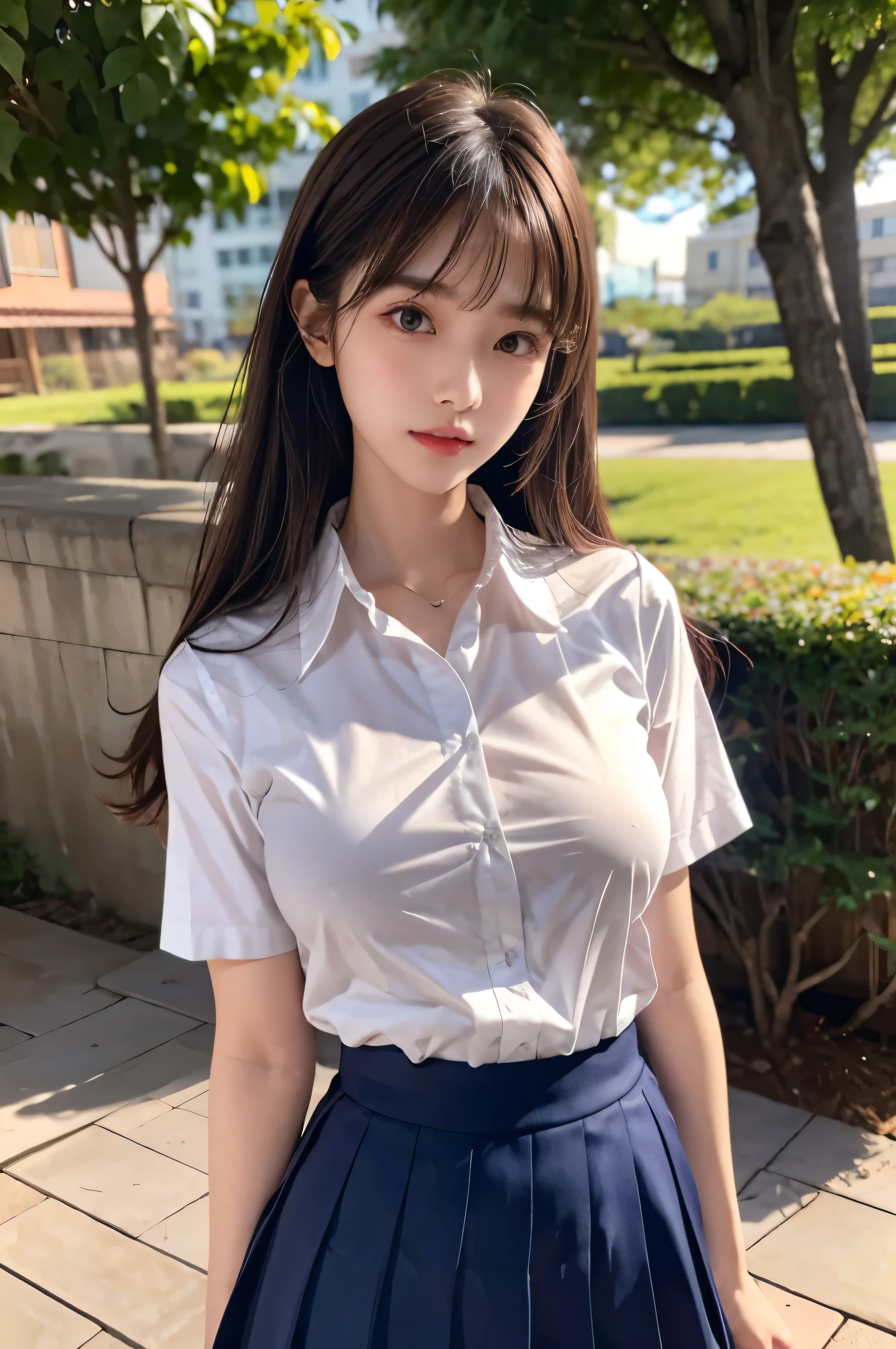 (ultra HD), (School uniform with short sleeves, White collared shirt, Navy Blue Skirt), (Big Breasts:1.5), (The cleavage is visible), Slender, whole body, (Clean and shiny skin, Whitening, No makeup), (超Slenderな顔立ち, Super beautiful face, Delicate face), (long hair, Layered Cut, Fluffy hair,light brown), (Patchy double eyelids, Slanted Eyes), Small Nose, Thin lips, Thin legs, Schoolyard, sunset
