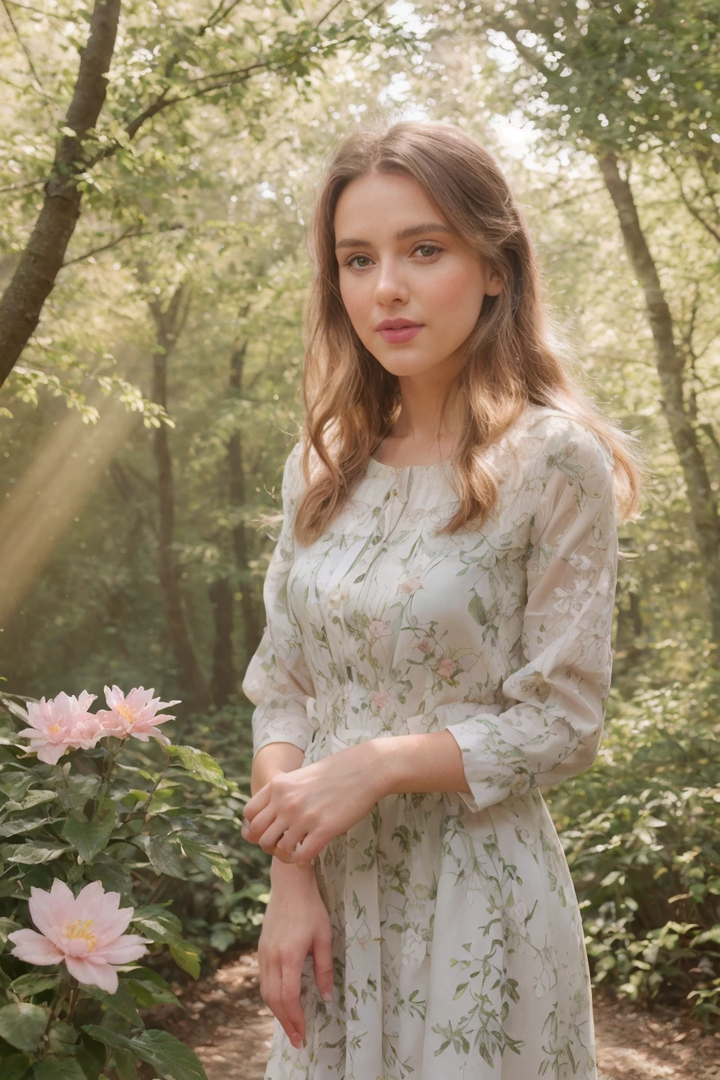 girl in the forest, (Best Quality, 4k, High Definition, Masterpiece: 1.2), ultra detailed, (realist: 1.37), illustration, beautiful detailed face, wide, light eyes, pink lips, with a flowy dress, standing in the sunbeam surrounded by trees and flowers, calm and peaceful environment, soft and warm color palette, Magical lighting effects