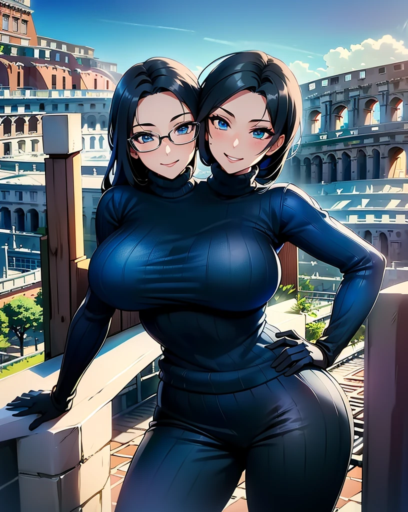 best quality, (masterpiece),(ultra-detailed), (high quality), (high resolution), ((2heads:1.5)), best quality:1.5, highres, UHD, 16K), smiling, highres, masterpiece, ((black hair with blue highlights)), ((Rome background:1.5)), blue eyes, ((black turtleneck sweater)), blue track pants, cowboy shot, ecchi style, anime girls, (dark gloves), (seductive silhouette) 