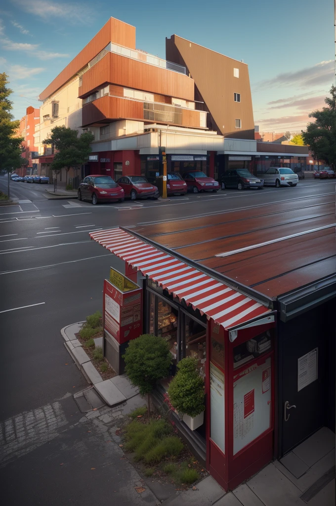 there is a red and white building with a red awning, street top view, street perspective, street level view, hdr shot, parking in the street, street corner, city street view background, interesting angle, restaurant in background, hdr photo, discovered photo, perspective shot, mid-view, soft filmic tonemapping, real image