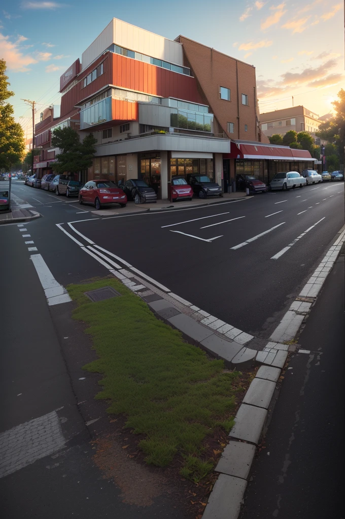 there is a red and white building with a red awning, street top view, street perspective, street level view, hdr shot, parking in the street, street corner, city street view background, interesting angle, restaurant in background, hdr photo, discovered photo, perspective shot, mid-view, soft filmic tonemapping, real image