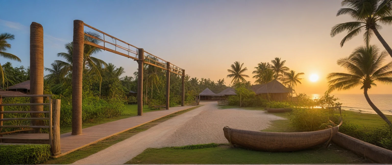 Local caft Resort , coconut trees, greenery landscape, along the white beach, clear sky, sunrise time, warm lighting RAW Photo, RAW texture, Super Realistic, 32K UHD, DSLR, soft lighting, high quality, film rating, Fujifilm XT3